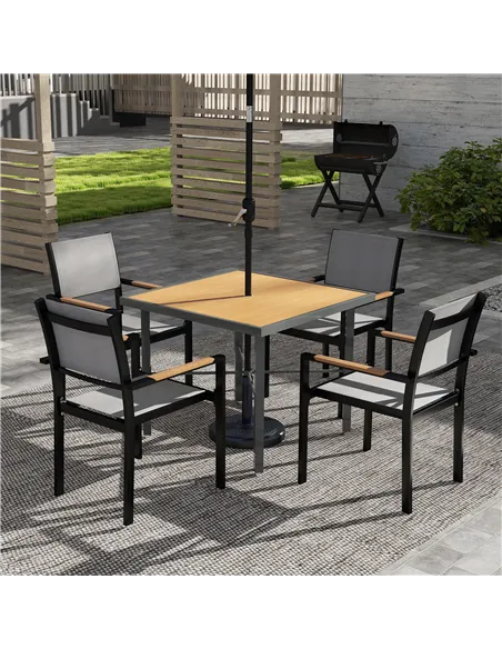 Outsunny Garden Table for 4, 90 cm Rectangular Outdoor Dining Table with 4.2 cm Umbrella Hole, Wood Effect Top, Rust Resistant F