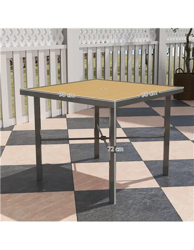 Outsunny Garden Table for 4, 90 cm Rectangular Outdoor Dining Table with 4.2 cm Umbrella Hole, Wood Effect Top, Rust Resistant F