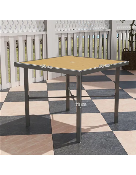 Outsunny Garden Table for 4, 90 cm Rectangular Outdoor Dining Table with 4.2 cm Umbrella Hole, Wood Effect Top, Rust Resistant F