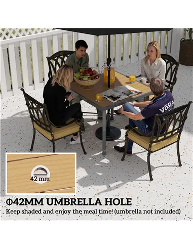 Outsunny Garden Table for 4, 90 cm Rectangular Outdoor Dining Table with 4.2 cm Umbrella Hole, Wood Effect Top, Rust Resistant F