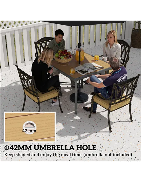 Outsunny Garden Table for 4, 90 cm Rectangular Outdoor Dining Table with 4.2 cm Umbrella Hole, Wood Effect Top, Rust Resistant F