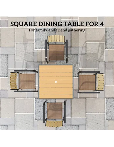 Outsunny Garden Table for 4, 90 cm Rectangular Outdoor Dining Table with 4.2 cm Umbrella Hole, Wood Effect Top, Rust Resistant F