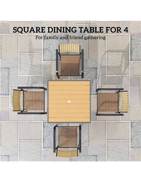 Outsunny Garden Table for 4, 90 cm Rectangular Outdoor Dining Table with 4.2 cm Umbrella Hole, Wood Effect Top, Rust Resistant F