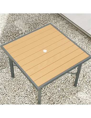 Outsunny Garden Table for 4, 90 cm Rectangular Outdoor Dining Table with 4.2 cm Umbrella Hole, Wood Effect Top, Rust Resistant F