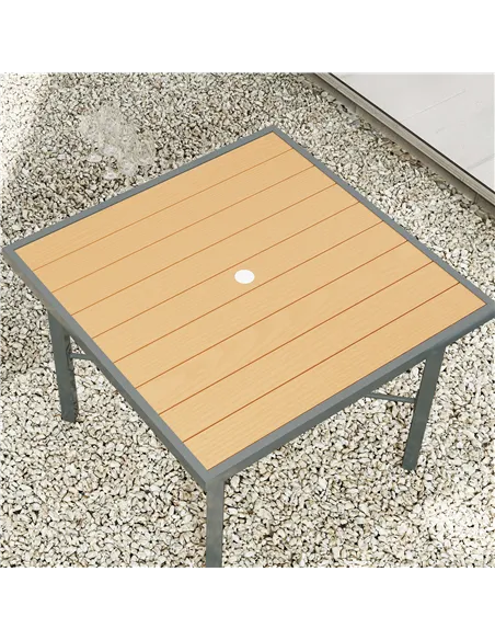Outsunny Garden Table for 4, 90 cm Rectangular Outdoor Dining Table with 4.2 cm Umbrella Hole, Wood Effect Top, Rust Resistant F