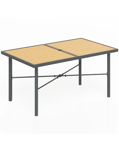 Outsunny Garden Table for 6, 150 cm Rectangular Outdoor Dining Table with 5 cm Umbrella Hole, Wood Effect Top, Rust Resistant Fr