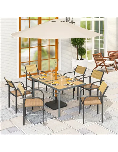 Outsunny Garden Table for 6, 150 cm Rectangular Outdoor Dining Table with 5 cm Umbrella Hole, Wood Effect Top, Rust Resistant Fr