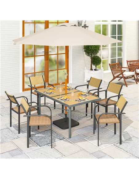 Outsunny Garden Table for 6, 150 cm Rectangular Outdoor Dining Table with 5 cm Umbrella Hole, Wood Effect Top, Rust Resistant Fr