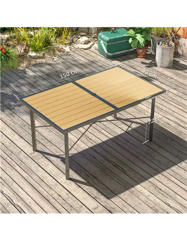 Outsunny Garden Table for 6, 150 cm Rectangular Outdoor Dining Table with 5 cm Umbrella Hole, Wood Effect Top, Rust Resistant Fr
