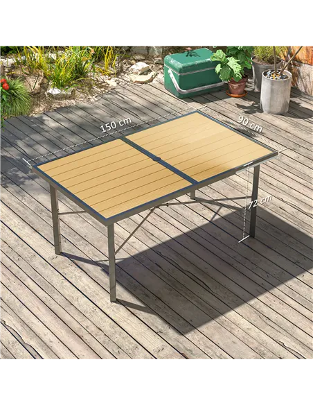 Outsunny Garden Table for 6, 150 cm Rectangular Outdoor Dining Table with 5 cm Umbrella Hole, Wood Effect Top, Rust Resistant Fr