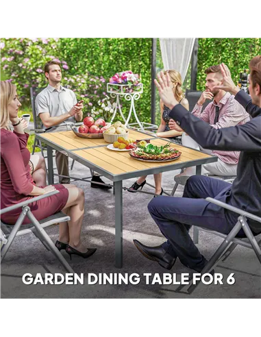 Outsunny Garden Table for 6, 150 cm Rectangular Outdoor Dining Table with 5 cm Umbrella Hole, Wood Effect Top, Rust Resistant Fr