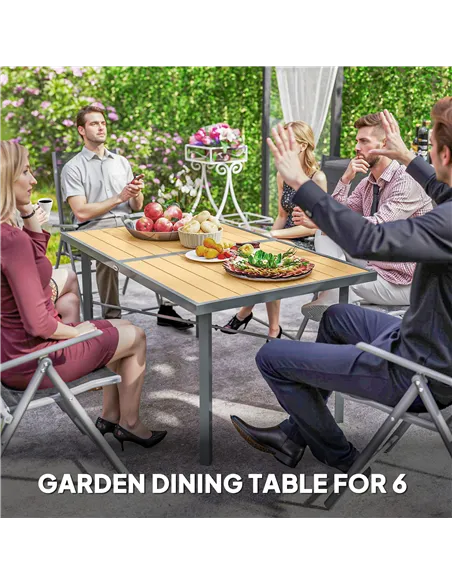 Outsunny Garden Table for 6, 150 cm Rectangular Outdoor Dining Table with 5 cm Umbrella Hole, Wood Effect Top, Rust Resistant Fr