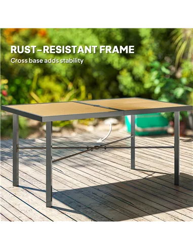 Outsunny Garden Table for 6, 150 cm Rectangular Outdoor Dining Table with 5 cm Umbrella Hole, Wood Effect Top, Rust Resistant Fr