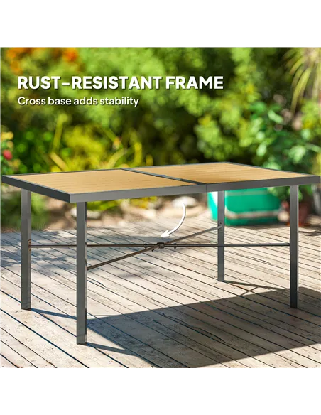 Outsunny Garden Table for 6, 150 cm Rectangular Outdoor Dining Table with 5 cm Umbrella Hole, Wood Effect Top, Rust Resistant Fr