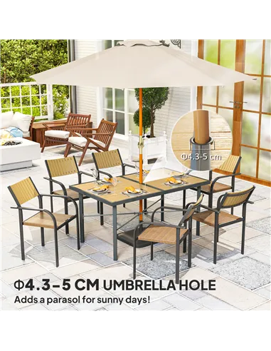 Outsunny Garden Table for 6, 150 cm Rectangular Outdoor Dining Table with 5 cm Umbrella Hole, Wood Effect Top, Rust Resistant Fr