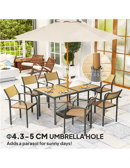 Outsunny Garden Table for 6, 150 cm Rectangular Outdoor Dining Table with 5 cm Umbrella Hole, Wood Effect Top, Rust Resistant Fr