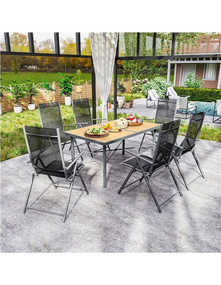 Outsunny Garden Table for 6, 150 cm Rectangular Outdoor Dining Table with 5 cm Umbrella Hole, Wood Effect Top, Rust Resistant Fr