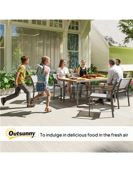 Outsunny Garden Table for 6, 150 cm Rectangular Outdoor Dining Table with 5 cm Umbrella Hole, Wood Effect Top, Rust Resistant Fr