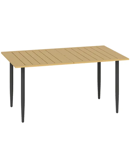 Outsunny Garden Dining Table, 150 x 90 cm Rectangle Outdoor Table with 5 cm Parasol Hole, Slatted Tabletop and Steel Frame for P