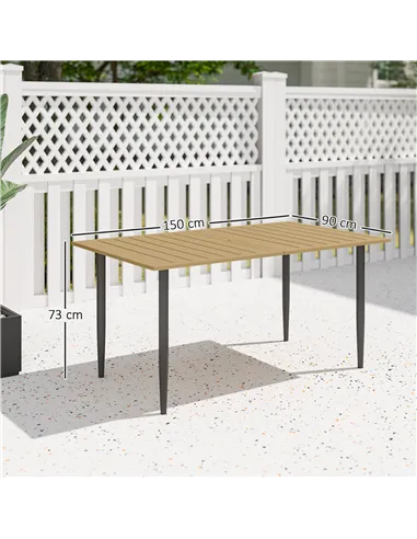 Outsunny Garden Dining Table, 150 x 90 cm Rectangle Outdoor Table with 5 cm Parasol Hole, Slatted Tabletop and Steel Frame for P