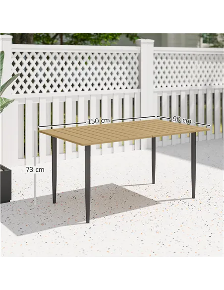 Outsunny Garden Dining Table, 150 x 90 cm Rectangle Outdoor Table with 5 cm Parasol Hole, Slatted Tabletop and Steel Frame for P