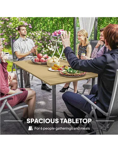 Outsunny Garden Dining Table, 150 x 90 cm Rectangle Outdoor Table with 5 cm Parasol Hole, Slatted Tabletop and Steel Frame for P