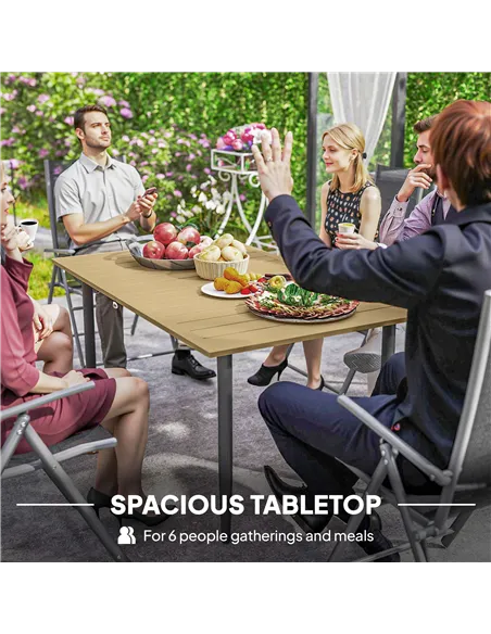 Outsunny Garden Dining Table, 150 x 90 cm Rectangle Outdoor Table with 5 cm Parasol Hole, Slatted Tabletop and Steel Frame for P