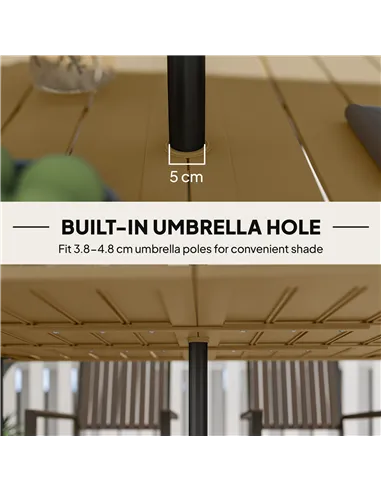 Outsunny Garden Dining Table, 150 x 90 cm Rectangle Outdoor Table with 5 cm Parasol Hole, Slatted Tabletop and Steel Frame for P