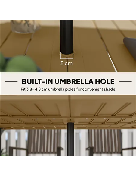 Outsunny Garden Dining Table, 150 x 90 cm Rectangle Outdoor Table with 5 cm Parasol Hole, Slatted Tabletop and Steel Frame for P