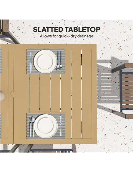 Outsunny Garden Dining Table, 150 x 90 cm Rectangle Outdoor Table with 5 cm Parasol Hole, Slatted Tabletop and Steel Frame for P