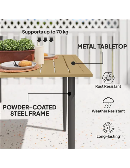 Outsunny Garden Dining Table, 150 x 90 cm Rectangle Outdoor Table with 5 cm Parasol Hole, Slatted Tabletop and Steel Frame for P