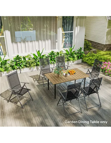 Outsunny Garden Dining Table, 150 x 90 cm Rectangle Outdoor Table with 5 cm Parasol Hole, Slatted Tabletop and Steel Frame for P