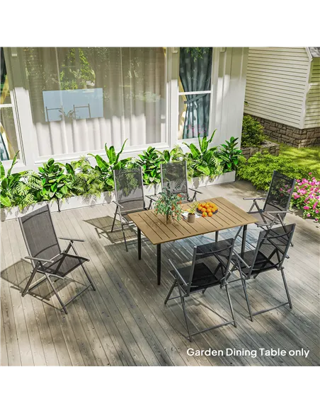 Outsunny Garden Dining Table, 150 x 90 cm Rectangle Outdoor Table with 5 cm Parasol Hole, Slatted Tabletop and Steel Frame for P