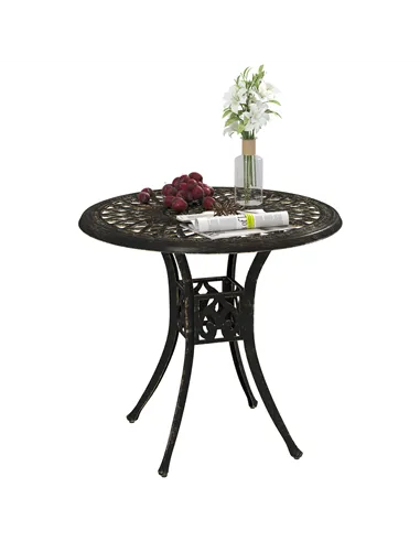 Outsunny 78 cm Round Garden Dining Table with Parasol Hole Antique Cast Aluminium Outdoor Table Only, Bronze Tone
