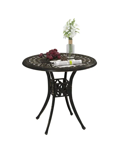 Outsunny 78 cm Round Garden Dining Table with Parasol Hole Antique Cast Aluminium Outdoor Table Only, Bronze Tone