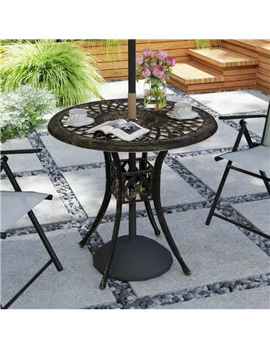 Outsunny 78 cm Round Garden Dining Table with Parasol Hole Antique Cast Aluminium Outdoor Table Only, Bronze Tone