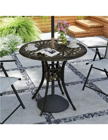 Outsunny 78 cm Round Garden Dining Table with Parasol Hole Antique Cast Aluminium Outdoor Table Only, Bronze Tone