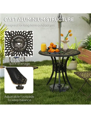 Outsunny 78 cm Round Garden Dining Table with Parasol Hole Antique Cast Aluminium Outdoor Table Only, Bronze Tone