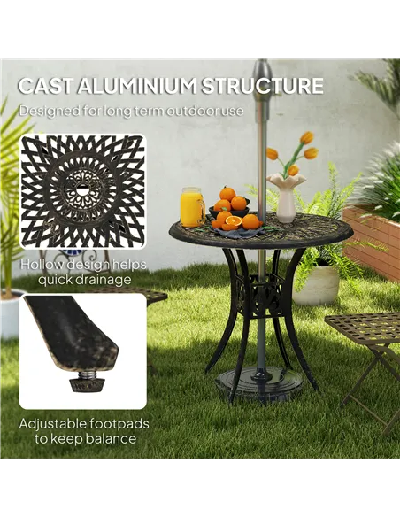 Outsunny 78 cm Round Garden Dining Table with Parasol Hole Antique Cast Aluminium Outdoor Table Only, Bronze Tone
