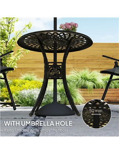 Outsunny 78 cm Round Garden Dining Table with Parasol Hole Antique Cast Aluminium Outdoor Table Only, Bronze Tone
