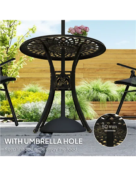 Outsunny 78 cm Round Garden Dining Table with Parasol Hole Antique Cast Aluminium Outdoor Table Only, Bronze Tone