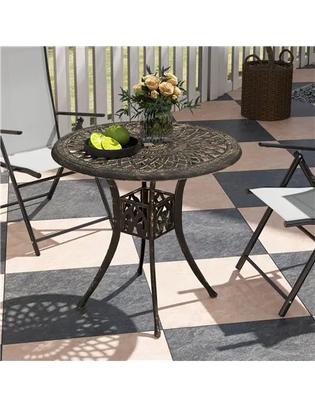 Outsunny 78 cm Round Garden Dining Table with Parasol Hole Antique Cast Aluminium Outdoor Table Only, Bronze Tone