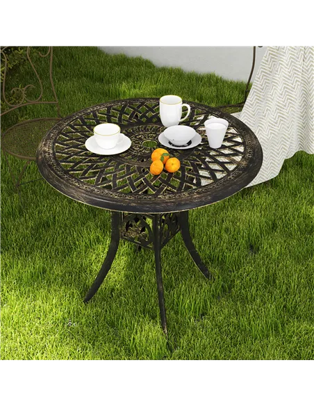 Outsunny 78 cm Round Garden Dining Table with Parasol Hole Antique Cast Aluminium Outdoor Table Only, Bronze Tone