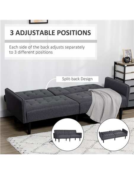 HOMCOM Three-Seater Sofa Bed, with Cupholders - Grey