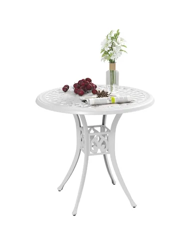 Outsunny 78 cm Round Garden Dining Table with Parasol Hole Antique Cast Aluminium Outdoor Table Only, White