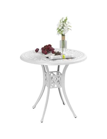 Outsunny 78 cm Round Garden Dining Table with Parasol Hole Antique Cast Aluminium Outdoor Table Only, White