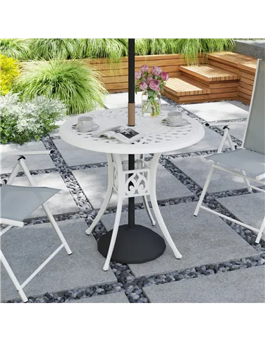 Outsunny 78 cm Round Garden Dining Table with Parasol Hole Antique Cast Aluminium Outdoor Table Only, White
