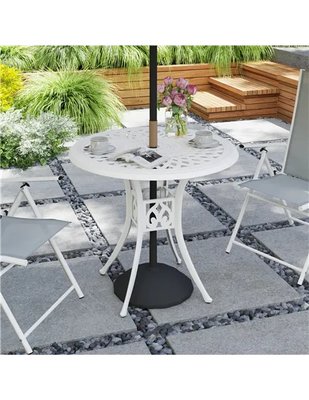 Outsunny 78 cm Round Garden Dining Table with Parasol Hole Antique Cast Aluminium Outdoor Table Only, White