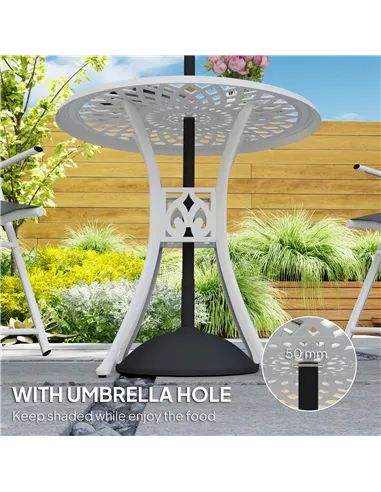 Outsunny 78 cm Round Garden Dining Table with Parasol Hole Antique Cast Aluminium Outdoor Table Only, White