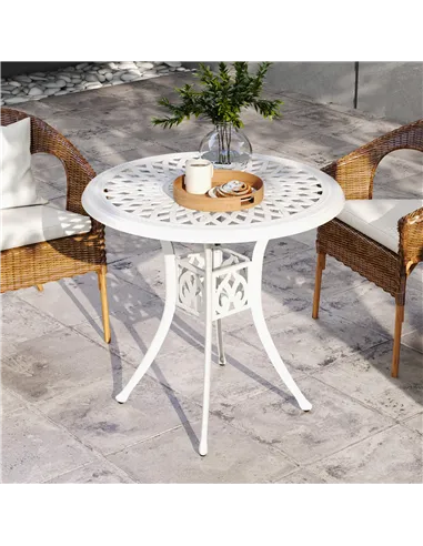 Outsunny 78 cm Round Garden Dining Table with Parasol Hole Antique Cast Aluminium Outdoor Table Only, White